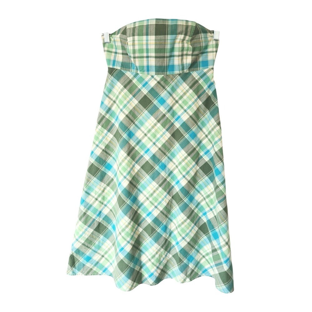 Y2K 2006 Gap Womens 4 Strapless Dress Green Blue Plaid Cotton Bias Cut Empire